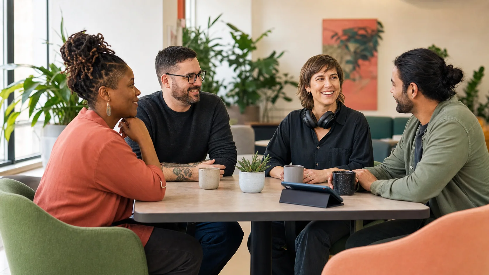 Four autistic adults talking together in a calm community lounge